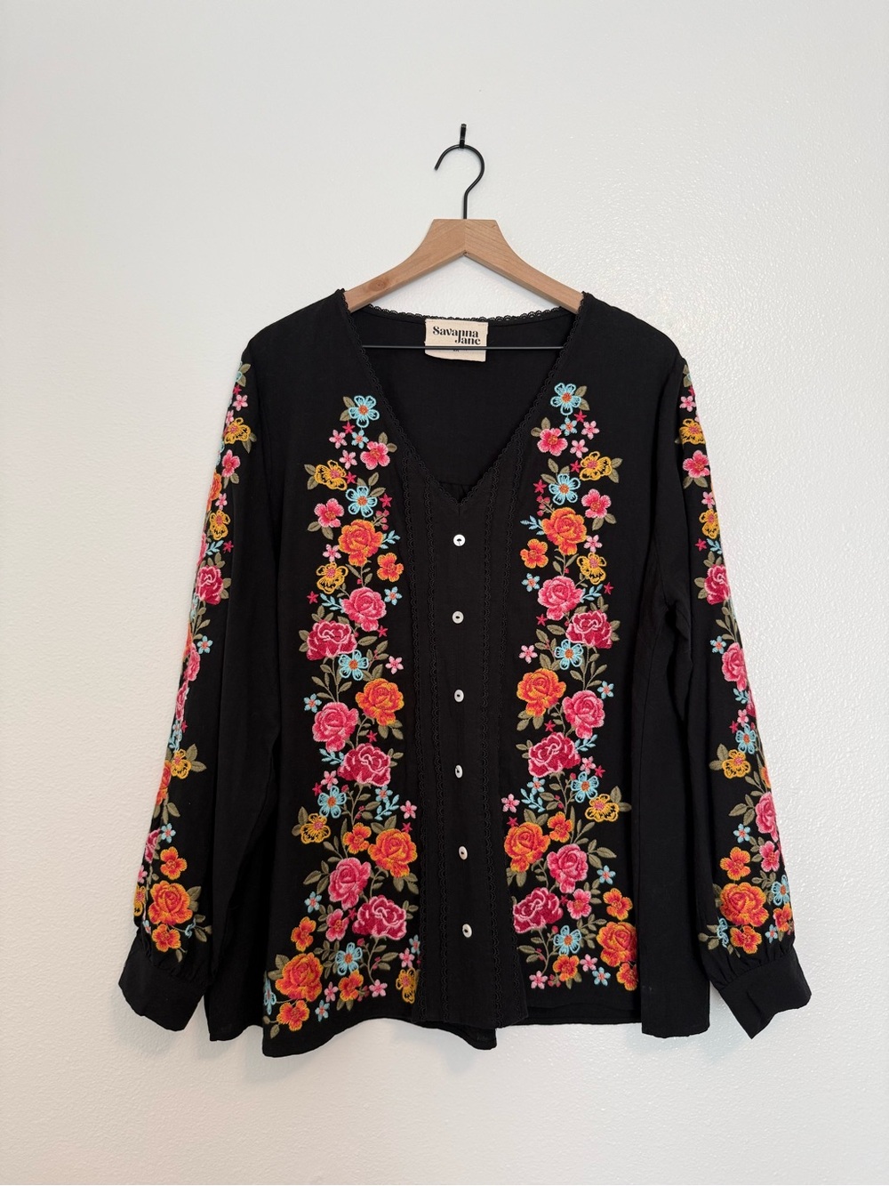 Savanna Jane - Embroidered Floral Long Sleeve Button Front Blouse Top Black - 2X - Picture 2 of 11